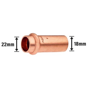 Raccordo a pressare in rame, riduzione da Ø 22 mm a Ø 18 mm per tubi in rame.