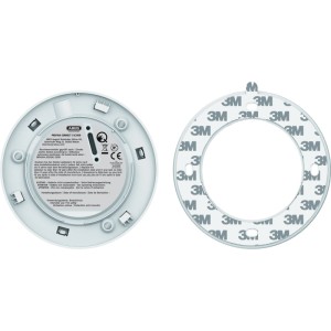Vue arrière du détecteur de fumée Abus Prefira Connect blanc avec plaque de montage et adhésif 3M pour la protection incendie.