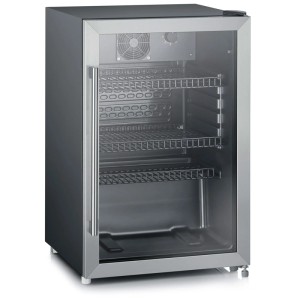 Frigorifero per bottiglie Severin FKS8840, acciaio inox/nero, 118 litri, con frontale in vetro e griglie metalliche.