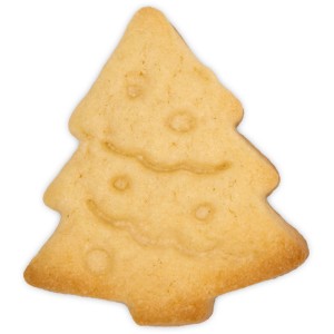 Gebackenes Tannenbaum-Plätzchen mit feiner Prägung. Perfekt für die Weihnachtsbäckerei mit dem Ausstecher.