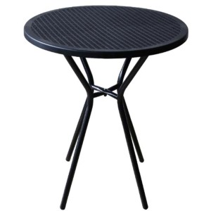Schwarzer runder Gartentisch in Rattan-Optik mit stabilem X-Gestell aus Stahl. Ideal für Balkon & Terrasse.