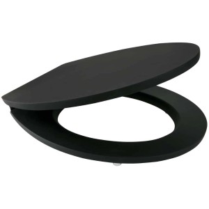 Sedile WC nero Sanitop-Wingenroth con superficie soft-touch e chiusura ammortizzata.