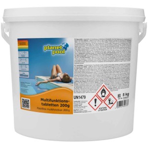Seau de pastilles multifonction longue durée (200g) pour la désinfection de piscine.