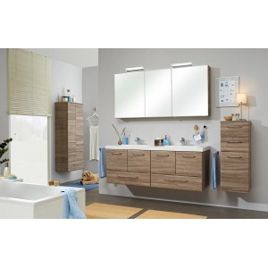 Meuble double vasque Pelipal en marbre minéral blanc, largeur 146 cm. Ensemble de salle de bain avec armoire de toilette et meuble latéral.
