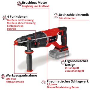 Perforateur sans fil Einhell TP-HD 18/26 D Li BL Solo : perforateur rouge avec poignée auxiliaire.