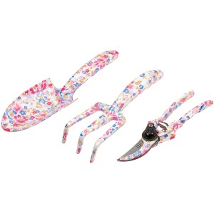 Set d'outils de jardin LUX, 3 pièces motif floral : pelle, râteau et sécateur pour petits travaux de plantation.