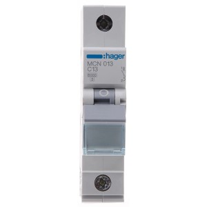 Hager Disjoncteur 13A, blanc, 1 pôle, pour la protection contre les courts-circuits et les surcharges.