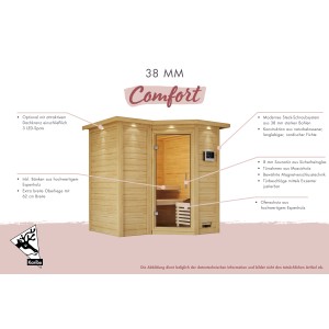 Sauna Karibu Marika avec couronne LED, épicéa naturel. Sauna en bois massif avec porte en verre.