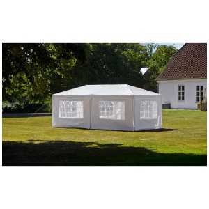 Gazebo da festa bianco 6x3 m con pannelli laterali finestrati su prato.