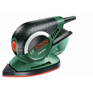 Ponceuse multifonction Bosch PSM Primo en vert/noir avec boîte microfiltre pour ponçage à faible poussière.