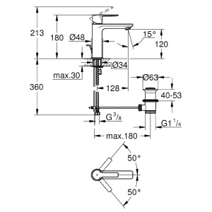 Disegno tecnico: Miscelatore lavabo Grohe Lineare S-Size con dimensioni.
