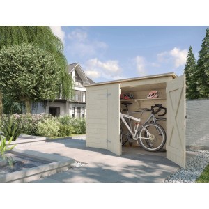 Box bici Weka aperta, naturale, 205x84 cm con biciclette e caschi in giardino.