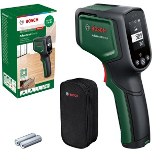 Thermomètre infrarouge Bosch AdvancedTemp avec accessoires : sac, piles et emballage.