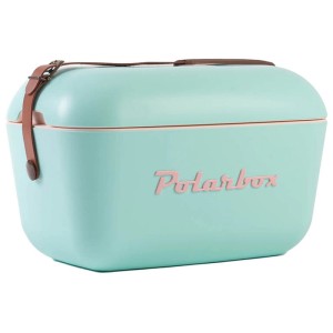 Cyanfarbene Polarbox Kühlbox Retro Cooler mit braunem Trageriemen, 12 Liter Fassungsvermögen.