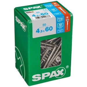 Vis Spax en acier inoxydable A2, 4,5x60 mm, 50 pièces dans une boîte verte. Vis à panneaux de particules à filetage partiel.