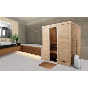 Sauna en bois massif Weka Kemi 4 avec porte en verre dans une salle de bain.