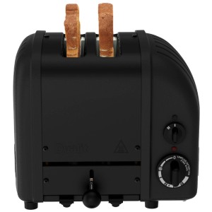 Tostapane Dualit Classic nero a 2 fette con due fette di pane tostato.