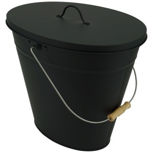 Seau à cendres ovale noir Valo avec couvercle et poignée en bois, 24 litres.