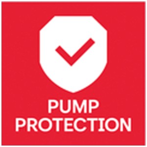 Icon: Weißes Schild mit rotem Haken auf rotem Grund, Text 'PUMP PROTECTION'. Symbolisiert den Pumpenschutz der Metabo Akku-Tauchpumpe.