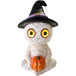 Figurine décorative LED Momie Halloween (hauteur 40,5 cm) avec chapeau de sorcière et citrouille.