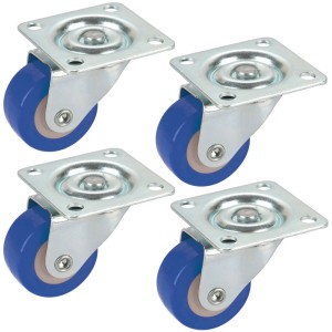 Lot de roulettes pivotantes Doerner + Helmer, 4 roues bleues en polyuréthane, Ø 3 cm, pour objets légers.