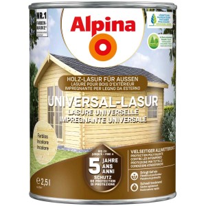 Boîte de lasure universelle incolore Alpina 2,5 l. Lasure pour bois extérieur avec image d'une maison en bois.