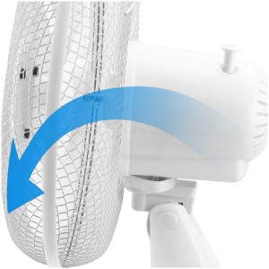 Gros plan du ventilateur de table Emerio blanc pivotant.