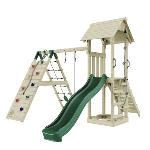 Torre gioco PolarPlay Trondheim con altalena, parete da arrampicata e scivolo verde.