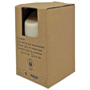 Bougie LED d'extérieur crème en plastique, 7,5x12,5 cm, dans une boîte en carton.