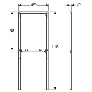 Telaio distanziatore cromato Geberit per modulo sanitario Monolith, disegno dettagliato con dimensioni.