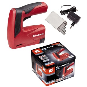 Cucitrice a batteria Einhell TC-CT 3,6 Li con punti metallici, caricabatterie e scatola metallica.
