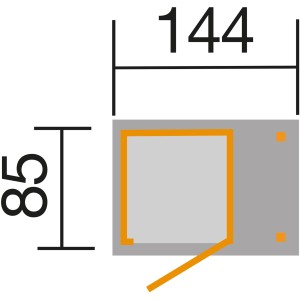 Schéma de l'armoire de terrasse Weka 14 mm avec toit en pente, dimensions 142x85cm.