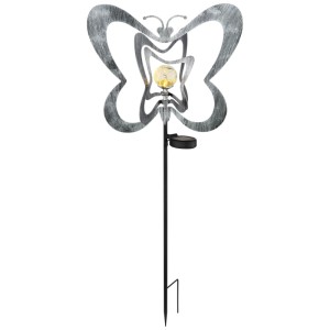 Piquet solaire LED Globo papillon en métal gris argenté, 83 cm de haut, avec boule en verre craquelé blanc chaud.