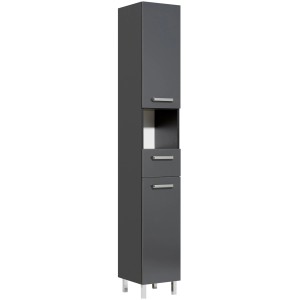 Armoire haute Pelipal anthracite, 195,5x30 cm, avec porte, tiroir et niche ouverte pour salle de bain.