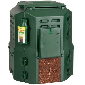 Thermo-composteur vert Handy 350 rempli, à double paroi et stabilisé aux UV.