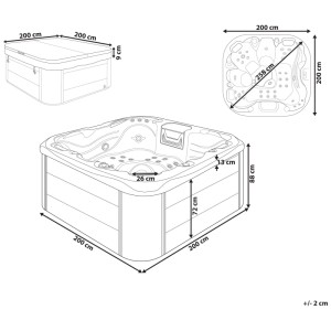 Dessin technique du spa extérieur Beliani Lastarria gris graphite avec dimensions 200x200x88 cm et couvercle.