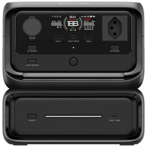 Station électrique Ecoflow River 3 Max noire avec 572 Wh, divers ports et écran LCD.