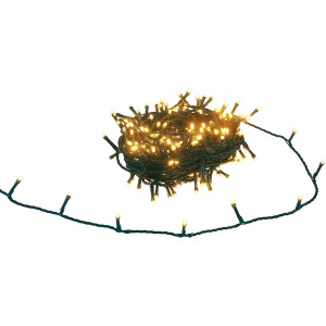 Guirlande lumineuse LED avec 140 LED blanc chaud et câble vert, enroulée dans une boîte en plastique.