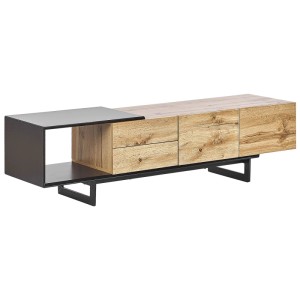 Meuble TV Beliani Fiora marron/noir avec tiroirs, portes et compartiment ouvert sur cadre en métal.