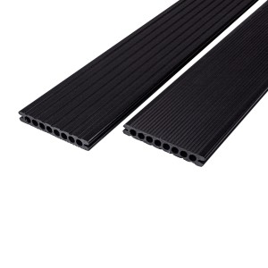 Lames de terrasse Rettenmeier WPC ébène anthracite, surface rainurée, section transversale avec chambres creuses.
