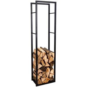 Range-bûches Billie noir (170x30x44,5 cm) avec bûches pour intérieur et extérieur.