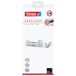 Emballage de l'étagère de douche Tesa Exxclusiv aspect inox. Étagère de douche antirouille pour montage mural.