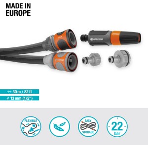 Set tubo da giardino Gardena Liano™ Life 30m con spruzzatore, raccordo per tubo e raccordo per rubinetto.