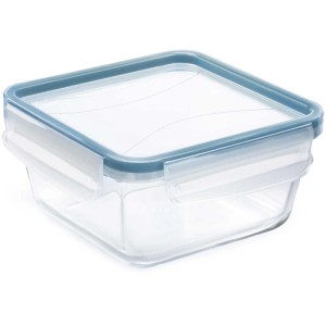 Contenitore in vetro Rotho Clic&Lock, 0.75l, quadrato, con coperchio blu. Utile in cucina per la conservazione.