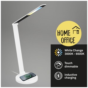 Lampada da scrivania a LED bianca dimmerabile con ricarica induttiva per smartphone.
