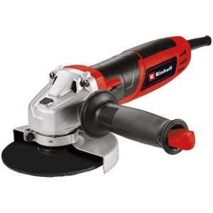 Meuleuse d'angle Einhell TC-AG 115/750, meuleuse rouge et noire avec disque de meulage monté et poignée supplémentaire.