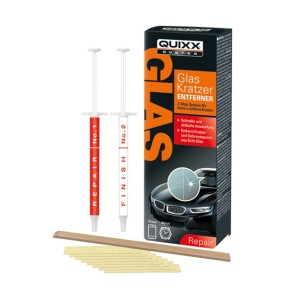 Kit Quixx anti-rayures pour verre avec pâtes à polir, abrasifs et accessoires pour l'entretien automobile.