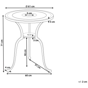 Technische Zeichnung: Beliani Gartentisch Dascio, Ø 61 cm, Höhe 71 cm, Metall cremeweiss, mit Maßen.