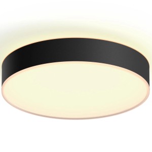 Plafoniera LED nera Philips Hue Enrave M con dimmer e luce bianca calda.