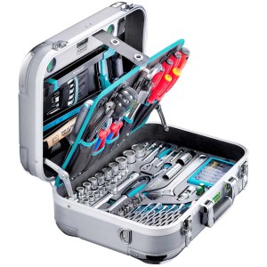 Offener Technocraft ABS-Werkzeugkoffer Pro Chrome 185, gefüllt mit Werkzeugen.